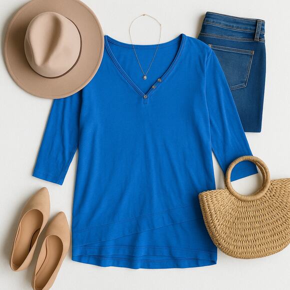 Fresh Produce Blue V Neck Coastal Cotton Top Relaxed Fit Casual Layered Hem 1X - Picture 2 of 11